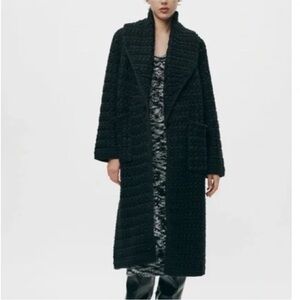 Zara NWOT Black Oversized Textured Knit Long Coat Small